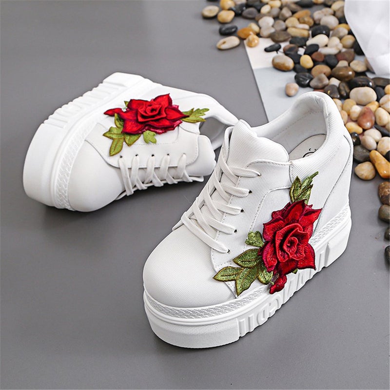 ACE SHOCK Women Fashion Platform Sneakers Wide Width High Hidden Heel Wedge Walking Shoes Flower (6, White) - Image 5